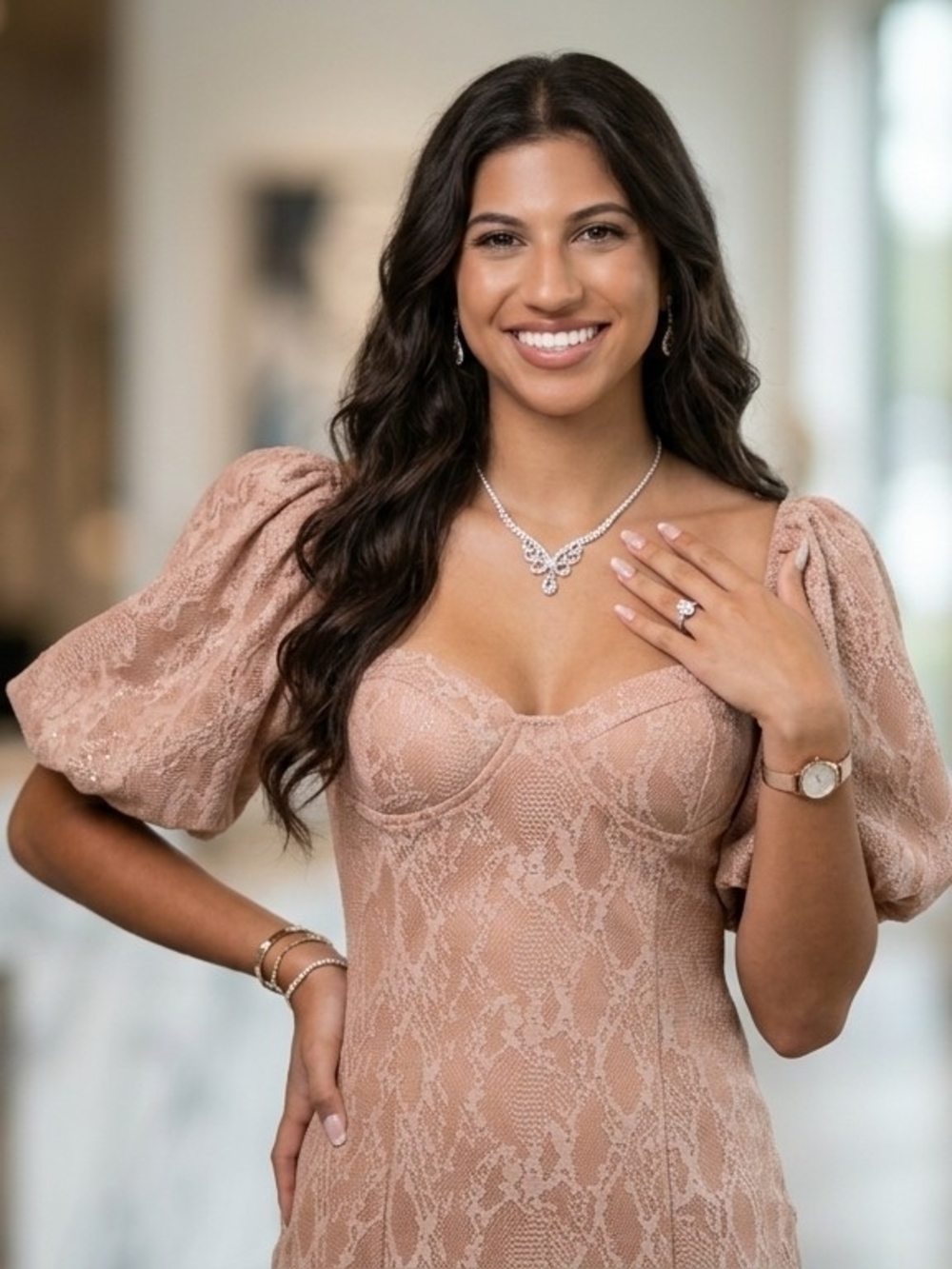 Blush Lace Puff Sleeve Dark Peach  Dress Size Small